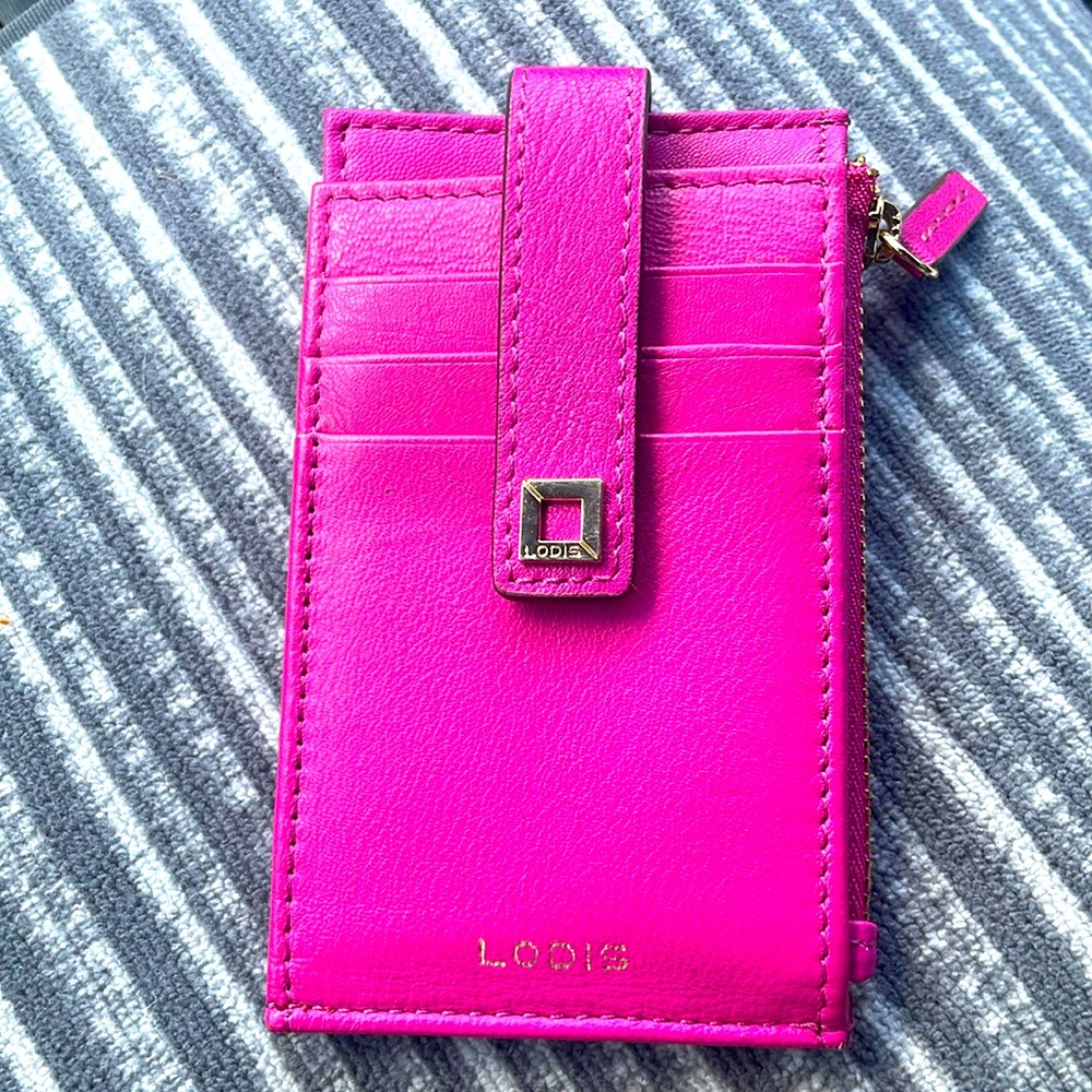 New LODIS Slim Card Case Wallet Fuchsia Barbie Pink Leather 3''x 5'' Bifold